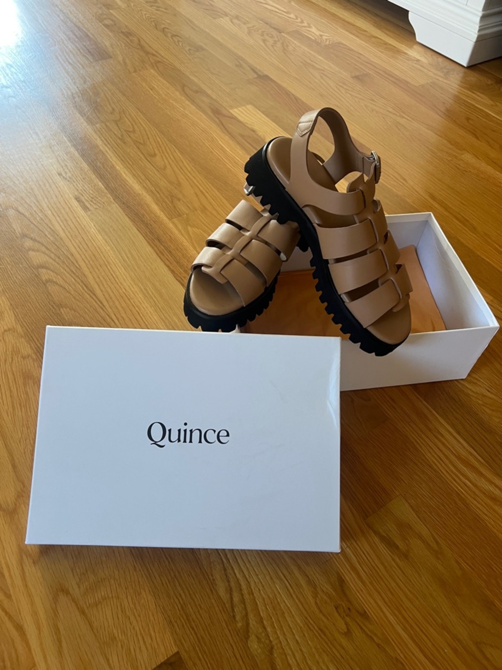 Quince Tan Barred Fisherman Sandals with Black Lug Sole